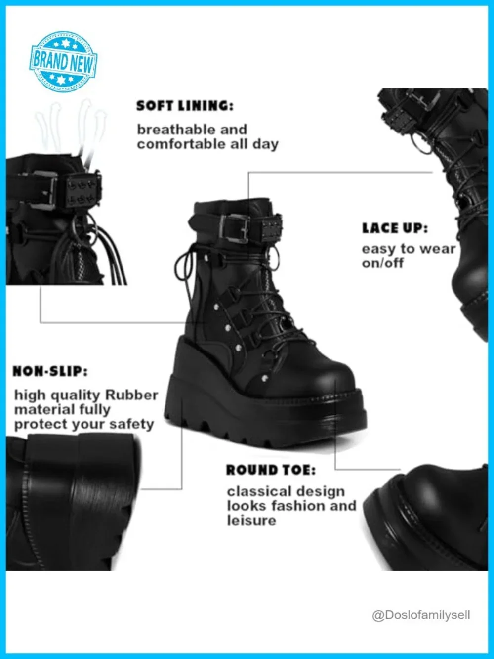 Women's Goth Platform Ankle Boots Vegan PU Leather Chunky Wedge Heel